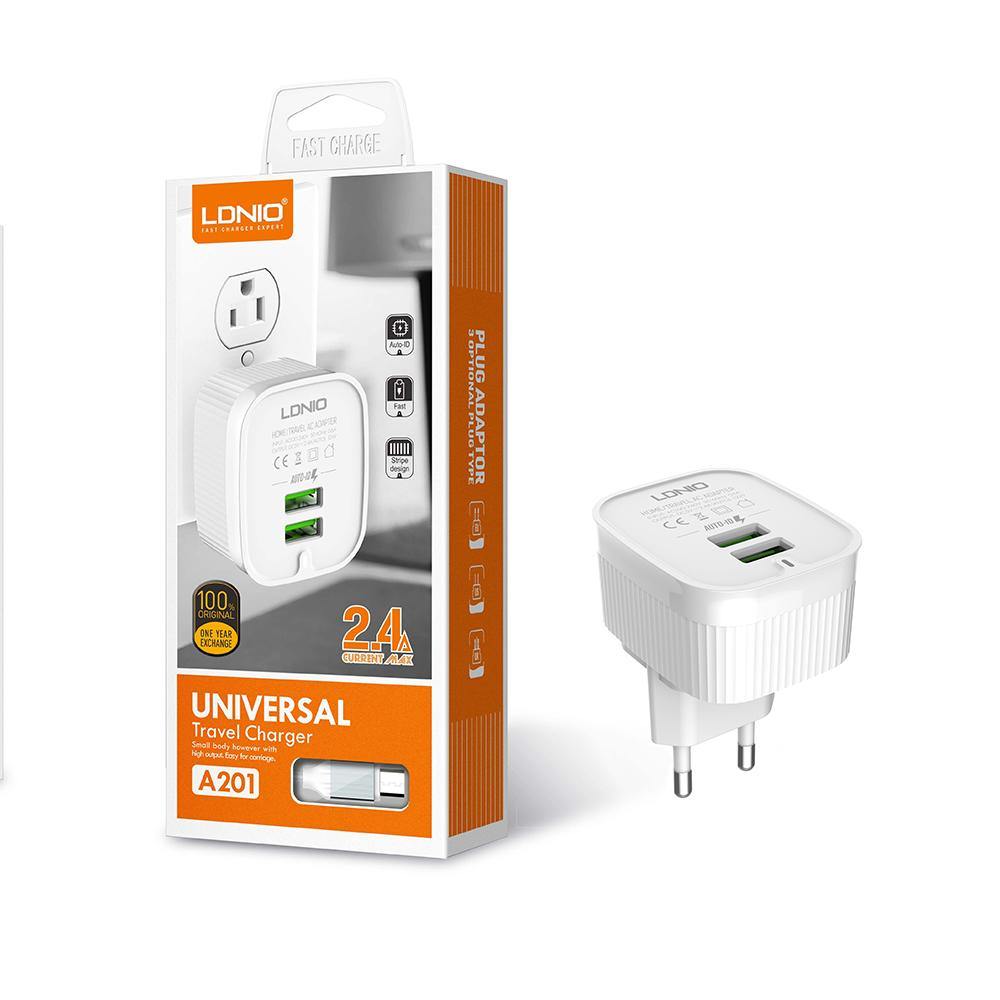 A201 2.4A Dual Usb Ports Fast Charge Universal Travel Wall Charger With Ip Cable - LDNIO®